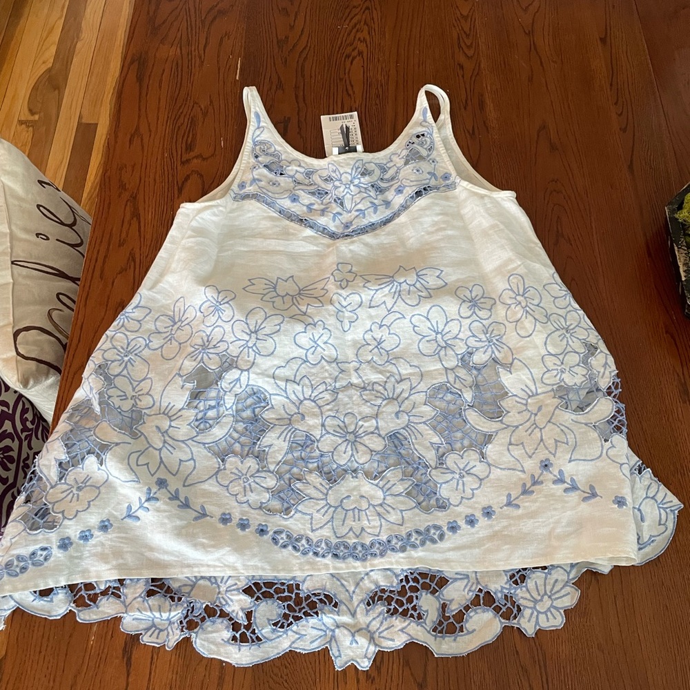 Anthropologie white and blue boho top